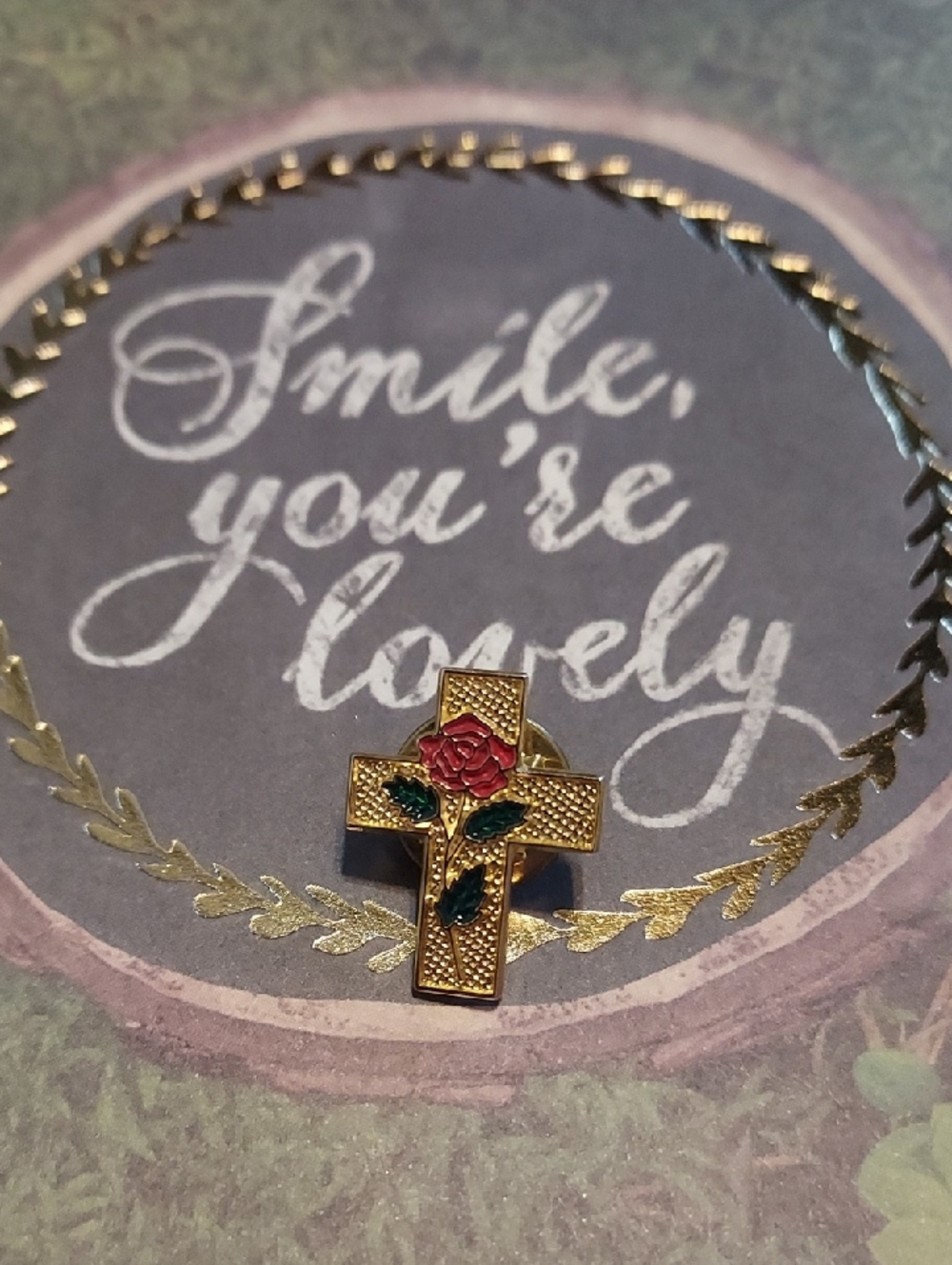 Gold Cross Pin with Pink Rose Accent